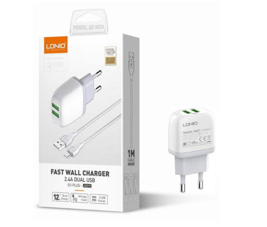 LDNIO Φορτιστής Πρίζας USB 2 Θέσεων 5V 2.4A & Καλώδιο Micro-USB